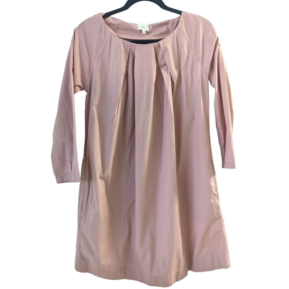 Kin Youth Girls Size 12 Pleat Shift Dress Mauve Pink Long Sleeve Organic Cotton